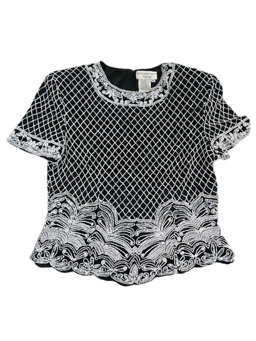 Vintage Papell Boutique Evening Top Sz L Silk Black White Beaded Glamor Luxe